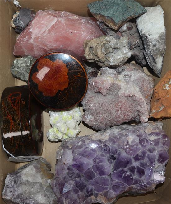 An amethyst geode, a small collection of mineral specimens, including pink quartz and two Japanese lacquered boxes